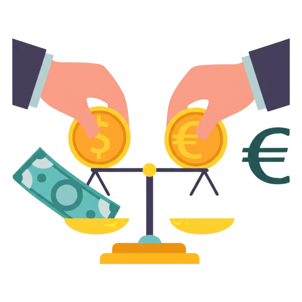 兩手交換不同貨幣的示意圖,中間天平顯示輕微差異,代表外匯買賣價差與銀行獲利