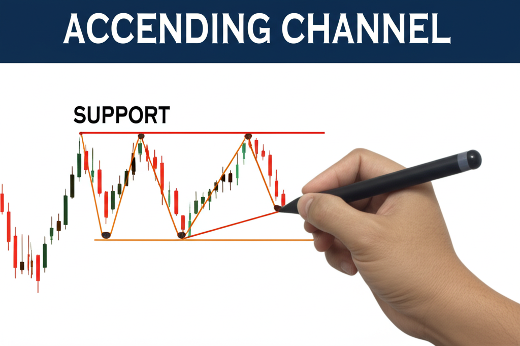 手持繪圖工具在數位股票圖表上連接兩個上升低點形成支撐線，並畫平行阻力線觸及兩個上升高點的插圖，展示上升通道的建構