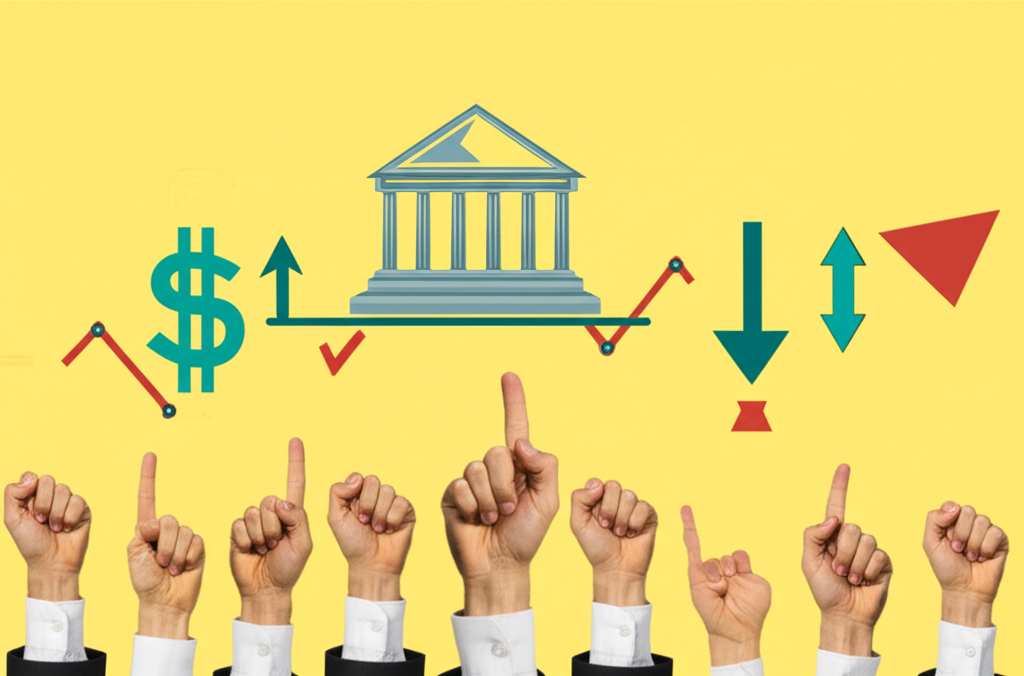 多雙手指向影響黃金價格的經濟指標,如通貨膨脹上升圖表、強勢美元符號及央行建築與利率箭頭