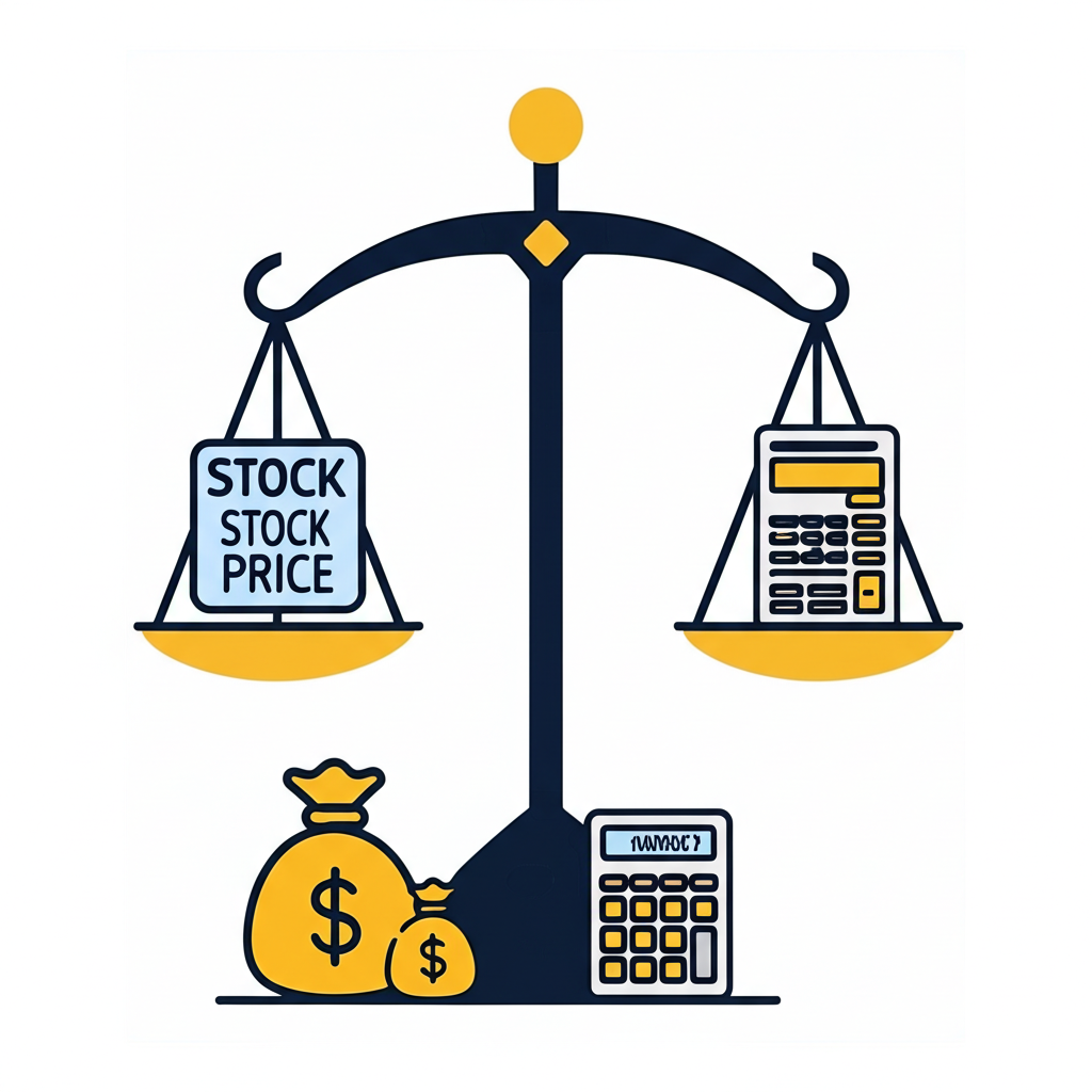 本益比計算的平衡秤插圖，股價與每股盈餘的對比，旁邊有計算器和錢袋