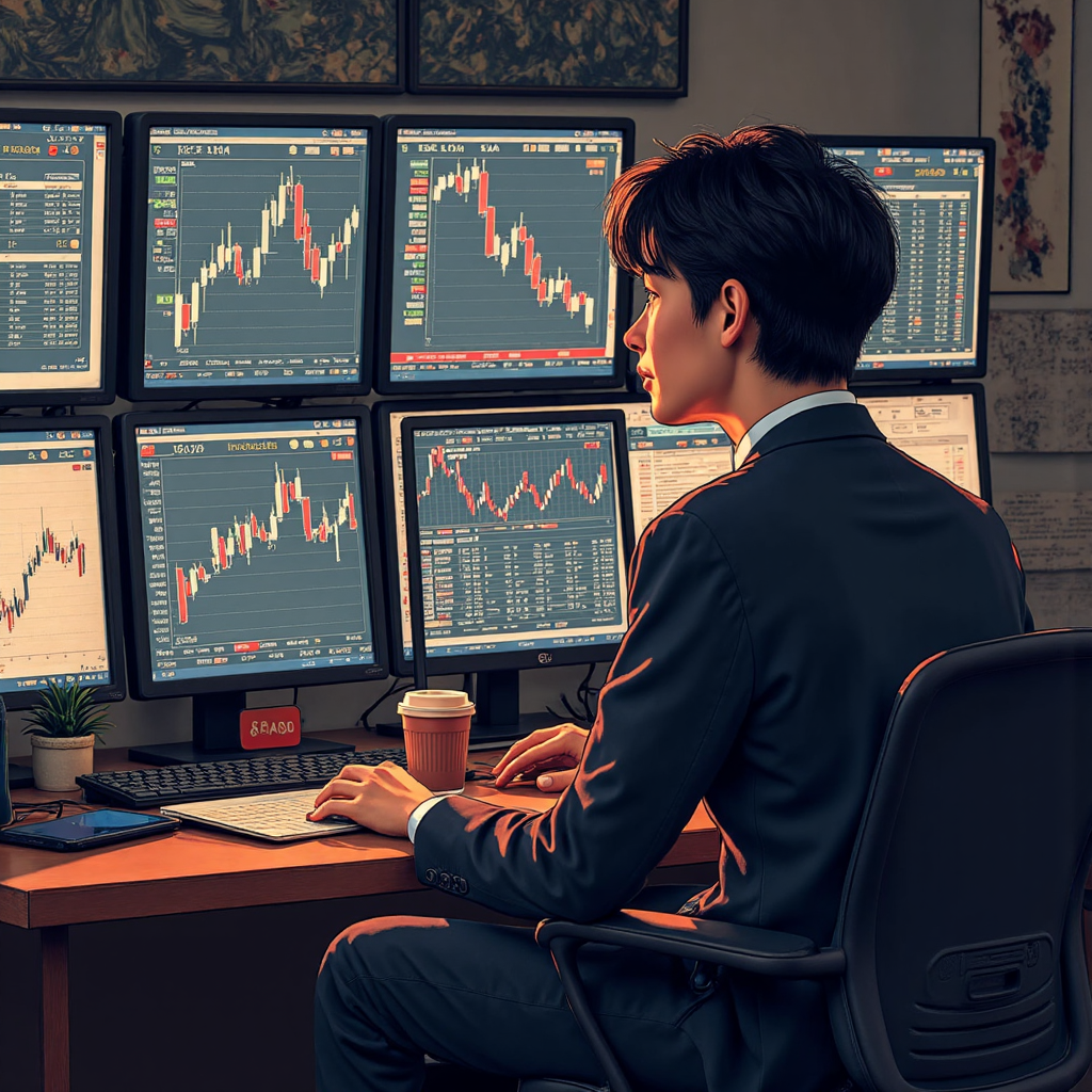 台灣投資人專注觀察多個螢幕上的股票圖表與財務數據