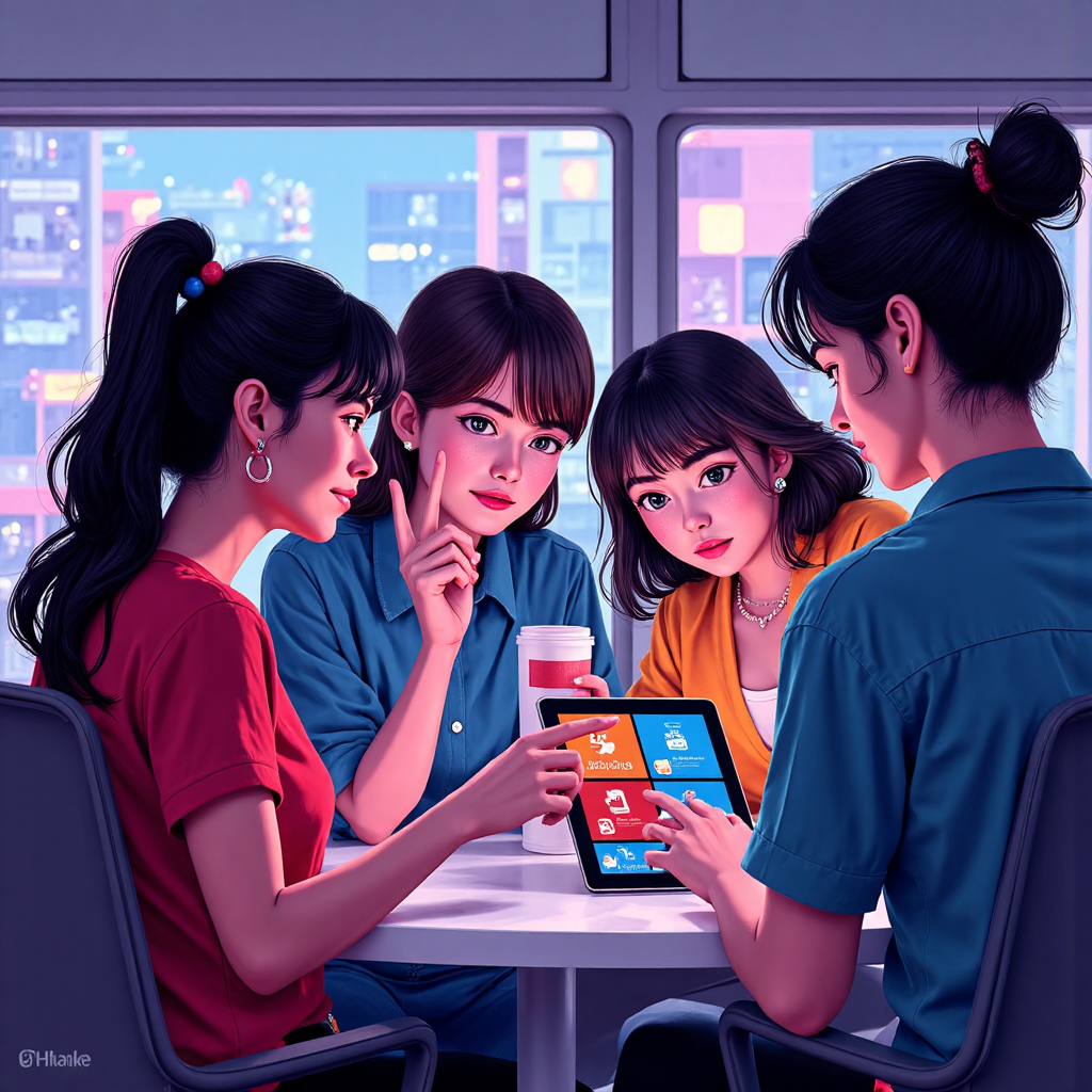 台灣人觀看平板顯示微軟業務部門如 Azure 和 Office 的數位繪畫,未來主義活力美學