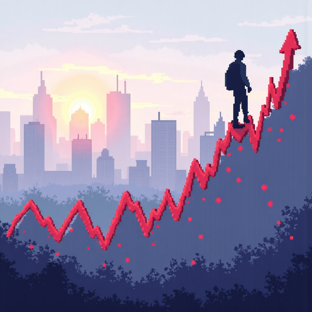 股票市場圖表顯示波動與穩定的曲線，對比城市背景下的市場動態