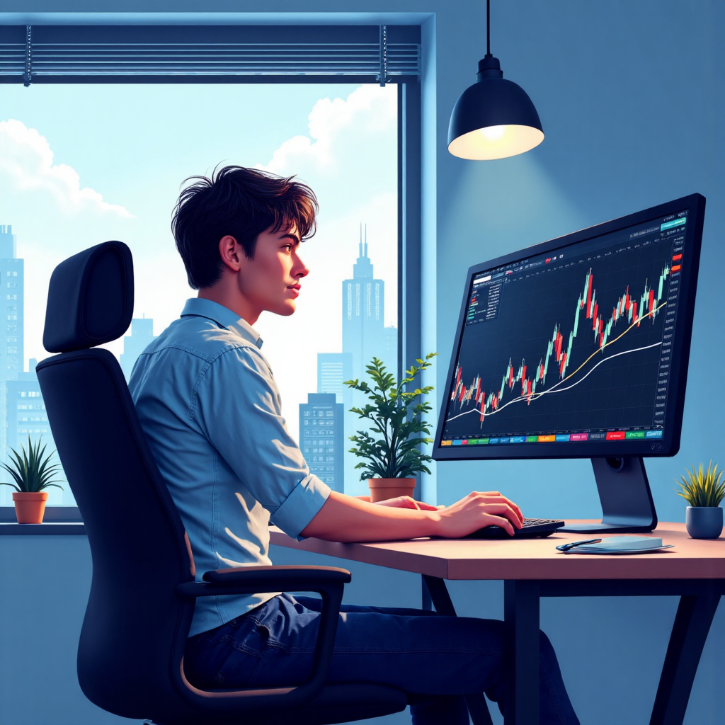 交易者觀察股票圖表，移動平均線如濾鏡與聚光燈突顯趨勢方向