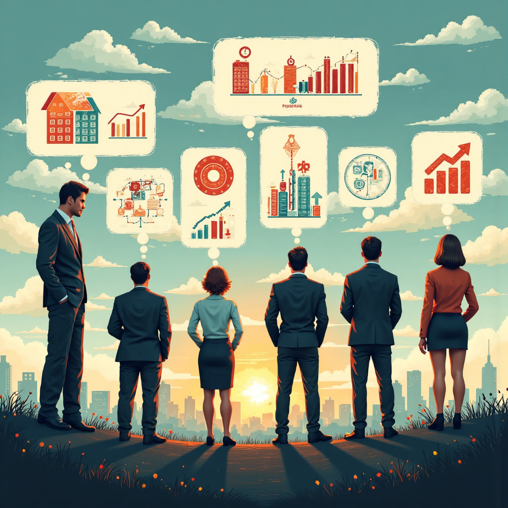 多元投資者群像，腦中浮現財務符號與風險管理工具如停損訂單和分散圖表