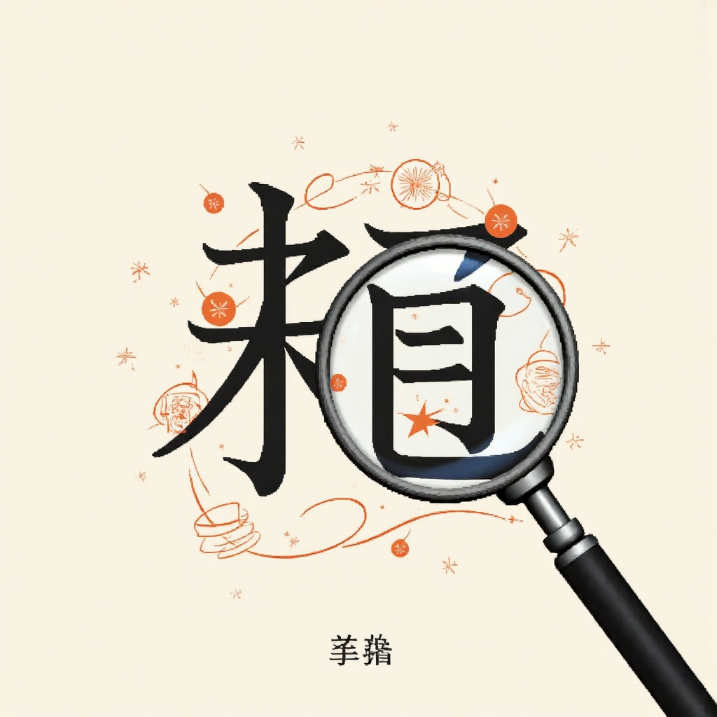 像素藝術風格的放大鏡懸浮在「有哪」漢字上方,周圍環繞抽象語言元素,象徵語言探索與詞義解析