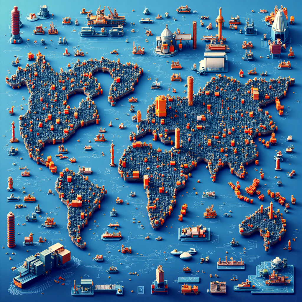 人民幣符號在全球貿易路線與地緣政治元素中的動態插圖