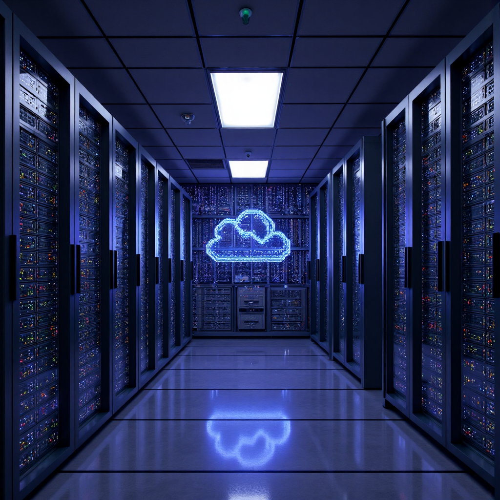 數據中心內互聯伺服器閃耀 NVIDIA 標誌的現代插圖,突顯其對雲端運算和 AI 基礎設施的貢獻