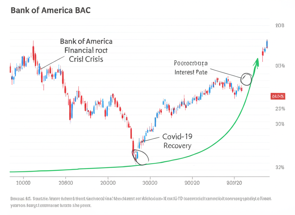 美國銀行BAC股價十年歷史走勢圖，標註金融危機、升息週期與COVID-19復甦等關鍵事件