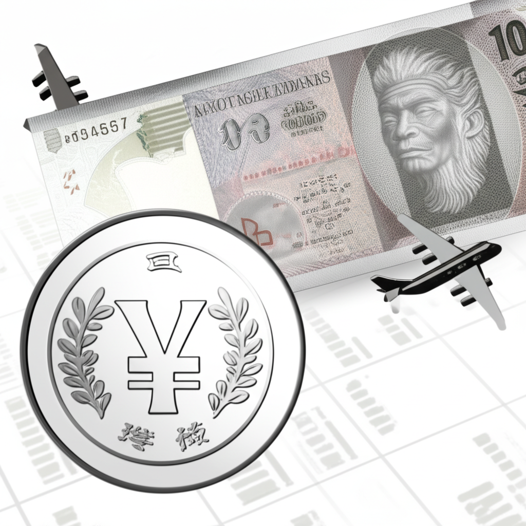 日圓硬幣與港幣紙幣的插圖，描繪國際金融市場匯率波動，背景為全球貿易