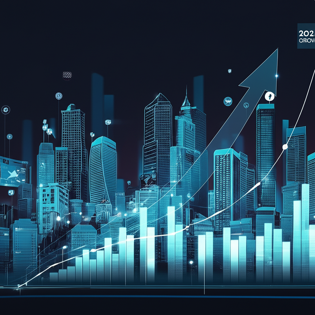 2024年數位行銷趨勢插圖，展示充滿活力的數位城市、社群媒體圖標、數據流與成長圖表，象徵現代商業成長