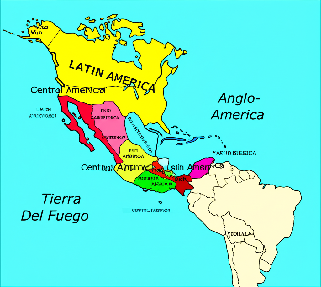 拉丁美洲地理範圍插圖，從墨西哥延伸至火地島，標示中美洲、加勒比海和南美洲，並強調命名起源與盎格魯美洲的文化對比