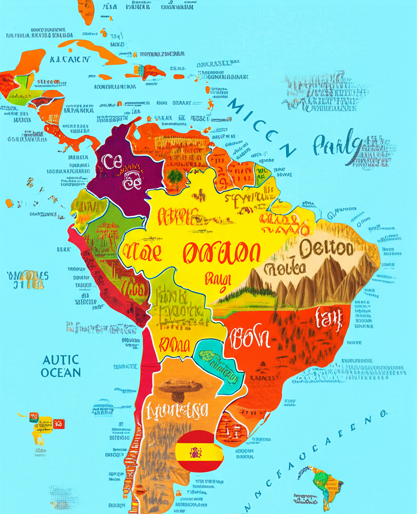 拉丁美洲文化與語言多樣性地圖插圖，強調西班牙語和葡萄牙語的象徵以及殖民遺產