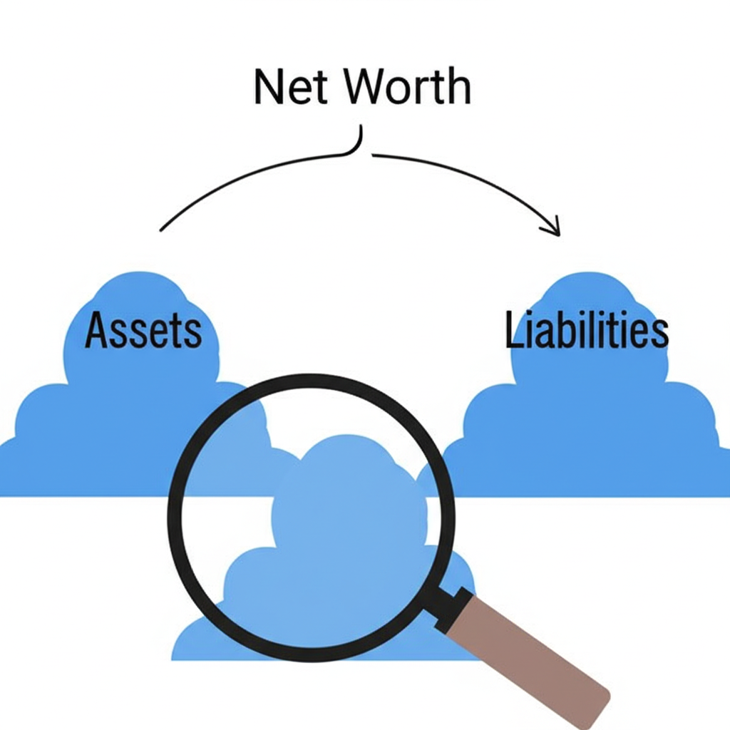 放大鏡檢視資產與負債兩堆,顯示淨值組成要素