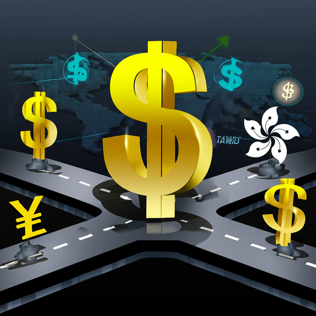 美元走強對全球與台港經濟影響的插圖,顯示貨幣符號與貿易挑戰
