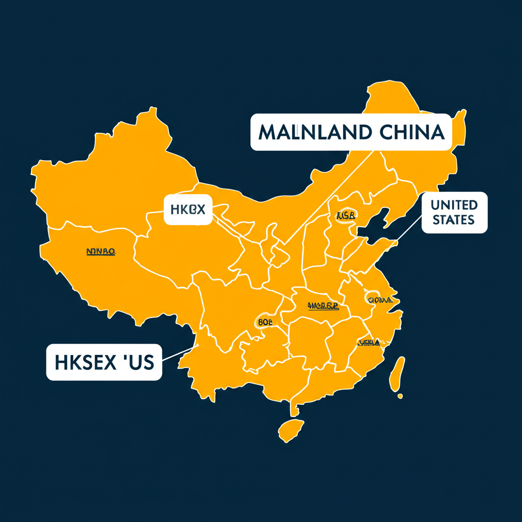 MSCI中國指數全球覆蓋範圍圖,顯示中國企業在香港、美國及大陸交易所的連接