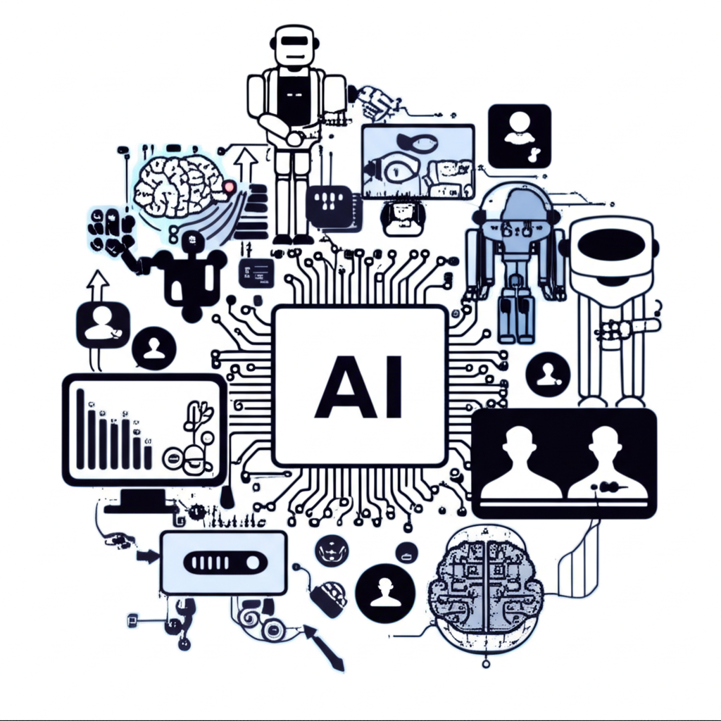 人工智慧在行銷中的整合插圖，顯示AI元素與內容工具、個人化客戶檔案及數據視覺化互動，提升使用者體驗