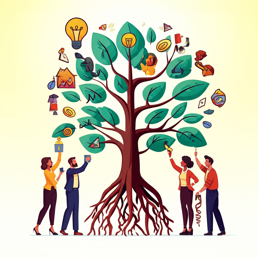 原始股東包括創辦人、早期投資者和核心員工合作成長的公司樹插圖