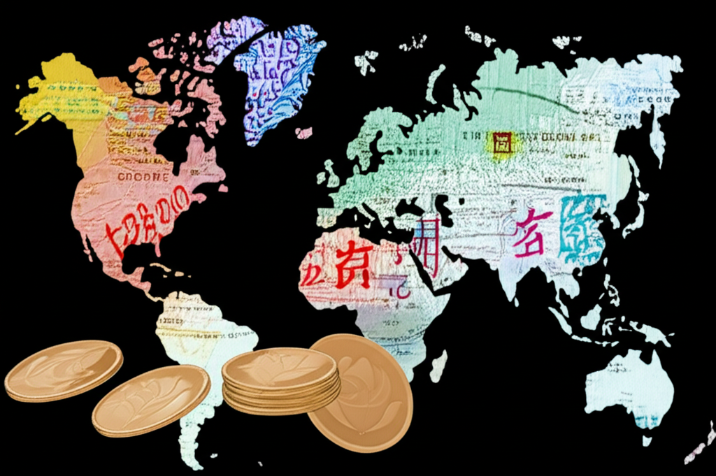 日幣轉換成台幣與港幣的插圖，背景為世界地圖象徵貨幣交換與旅行