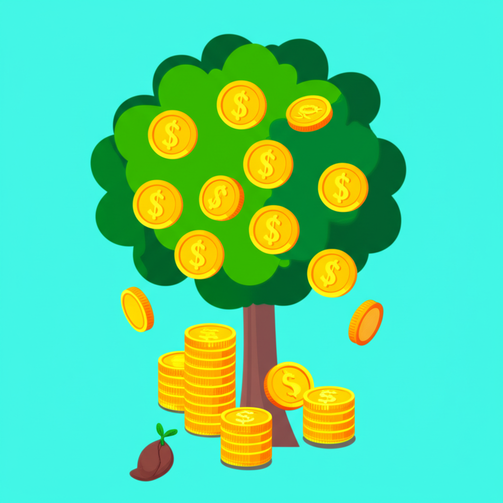 原始股如種子轉變為金錢樹，象徵公司IPO後的財富增長插圖