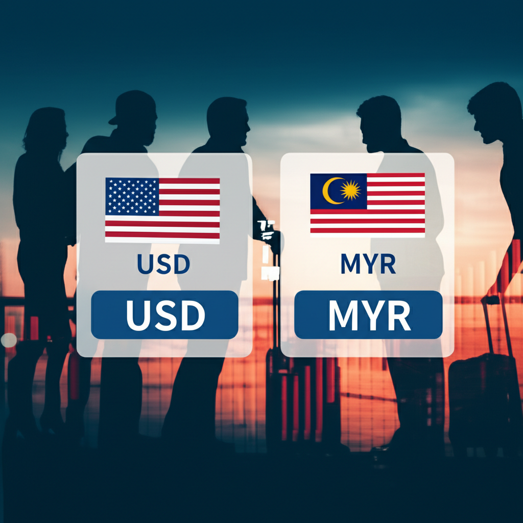 美元兌馬來西亞令吉匯率轉換器插圖,背景為全球旅客與投資者,呈現金融市場概念