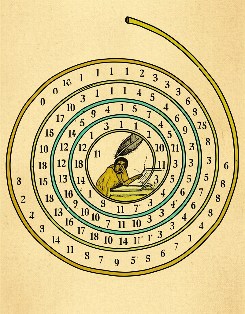 十三世紀義大利數學家李奧納多·斐波那契發現斐波那契數列的插圖，數字如0、1、1、2、3、5以螺旋形式呈現於古籍風格的手稿中