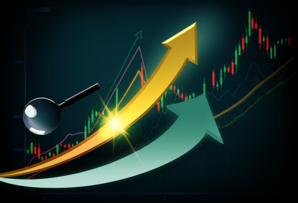 金融圖表上出現的金叉符號，伴隨著向上箭頭和放大鏡，象徵市場分析與投資決策