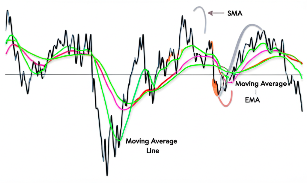 混亂價格圖表經移動平均線平滑,揭示穩定宏觀趨勢,包含不同類型 MA 線如 SMA 和 EMA