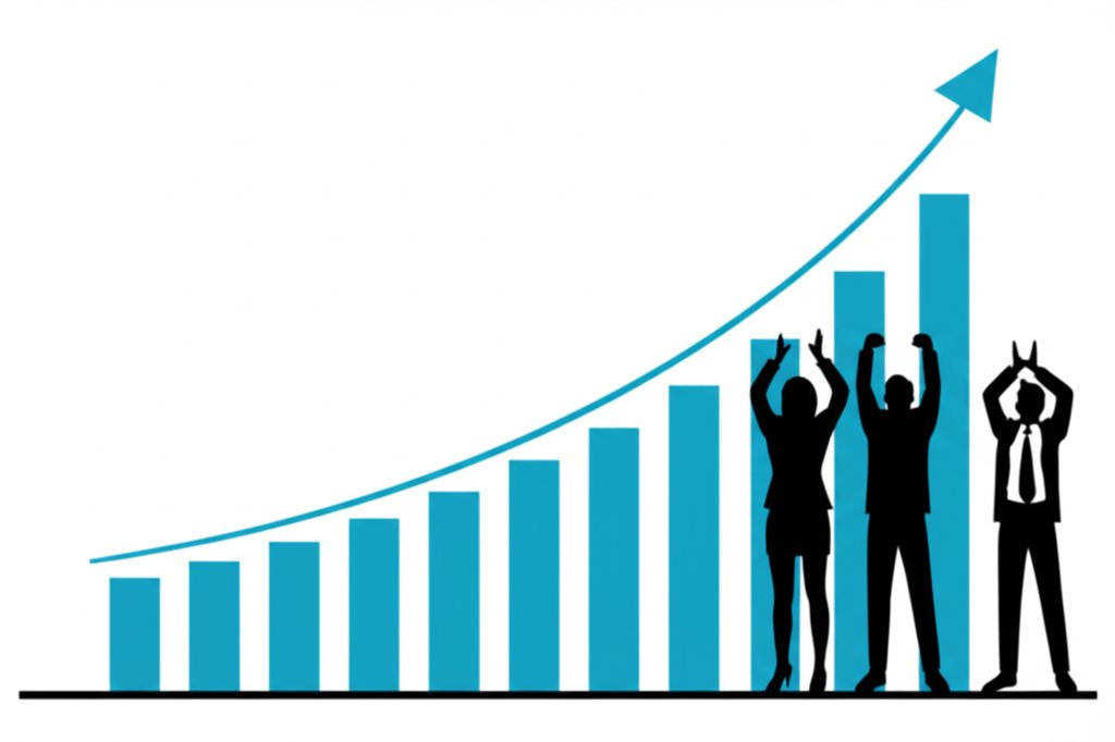 每股盈餘成長帶動股價上漲的圖表插圖，背景有歡呼投資人代表市場認可