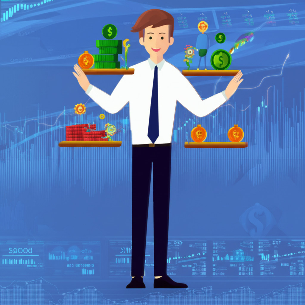 An illustration of a trader balancing multiple financial instruments like stocks futures and options symbolizing risk management and profit locking in a volatile market background with charts and graphs