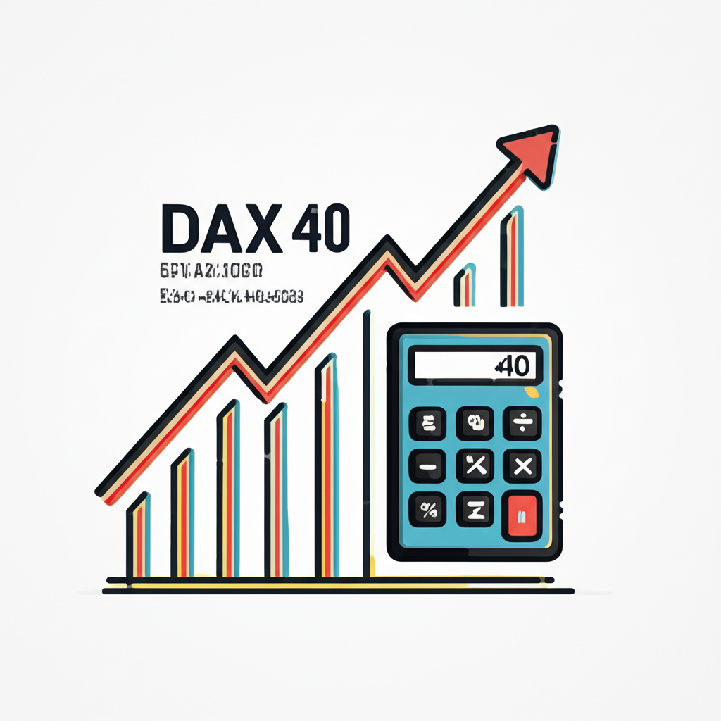 顯示DAX 40成長箭頭的數位股票跑馬燈，背景為歷史里程碑圖表與計算符號的專業插圖
