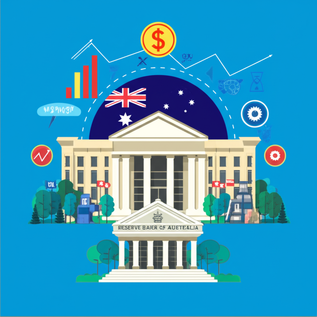 Reserve Bank of Australia building illustration with economic stability elements