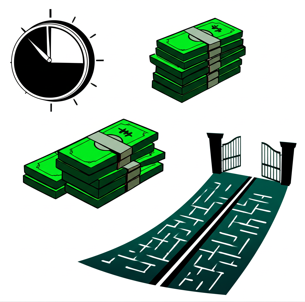 反向收購的各種動機圖示，包括快速時鐘代表時效性、金錢堆疊代表成本節省、開放閘門代表較低審核門檻，以及簡化路徑避開複雜監管障礙