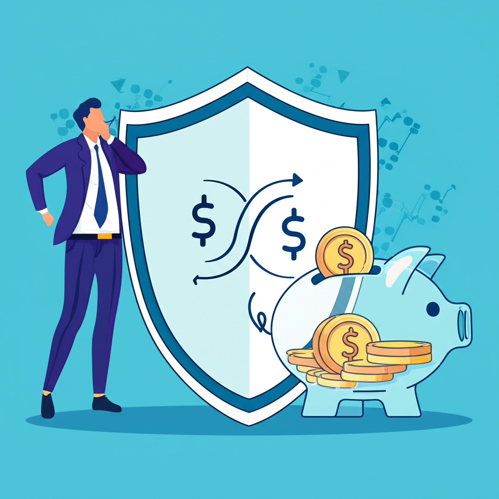 企業人士持盾牌防護匯率風險並用存錢罐象徵低成本融資的國際投資場景