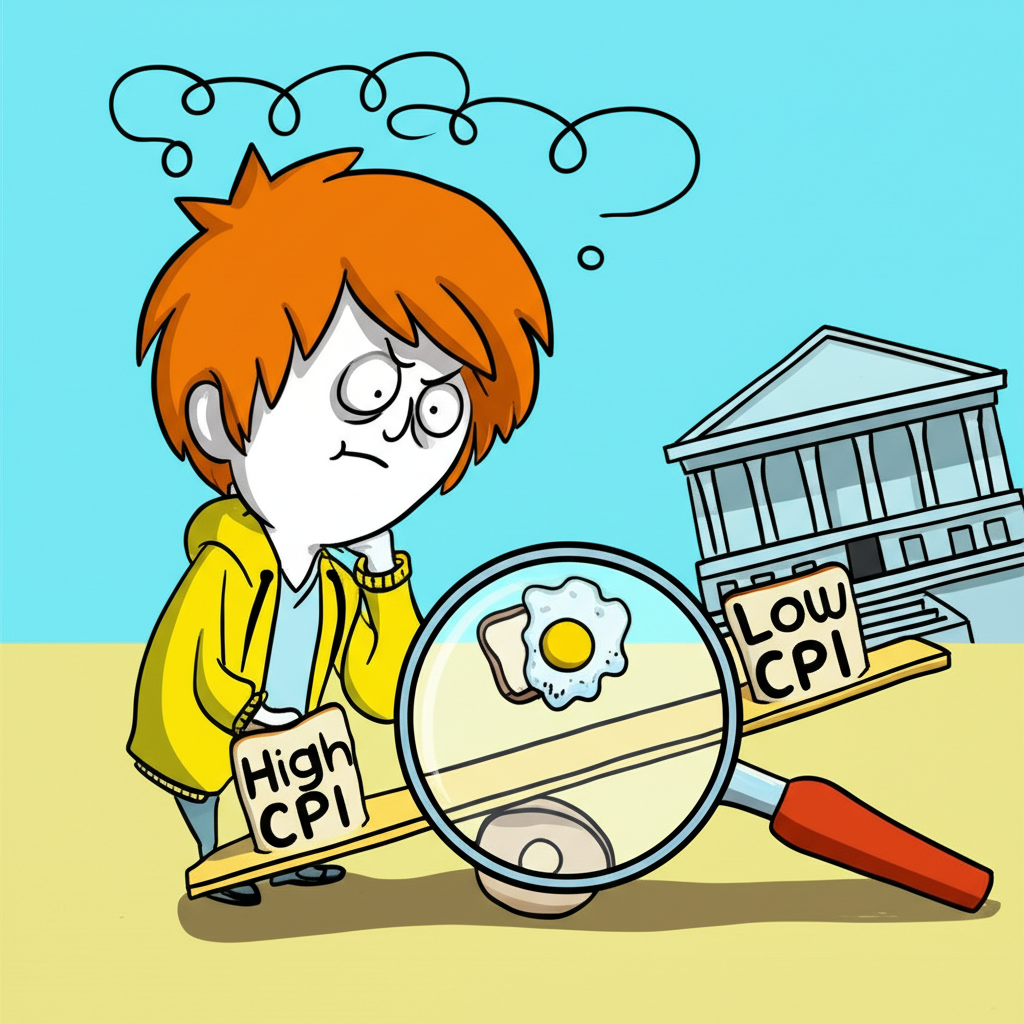困惑的人看著標有高低CPI的翹翹板，放大鏡檢視早餐物品，背景有央行大樓象徵經濟影響