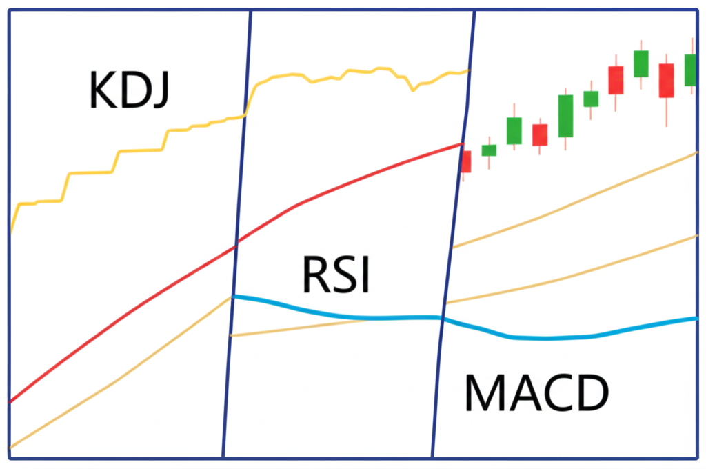 展示 KDJ、RSI 和 MACD 三種技術分析圖表的插圖,象徵它們作為短線交易策略的核心工具