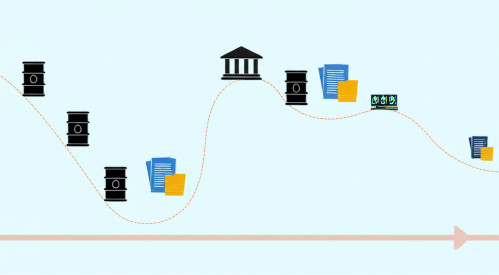 USD/MYR 歷史匯率波動線圖插圖,包含石油桶、中央銀行建築與經濟報告小圖標