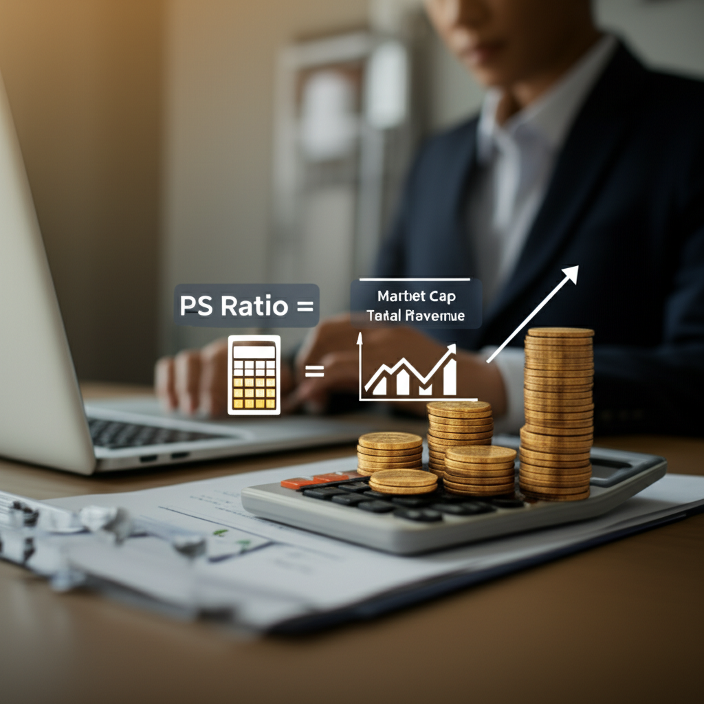 計算器顯示市值營收比公式，圖示市值為股票圖表與金幣，營收為堆疊銷售數字，分析師在桌前工作