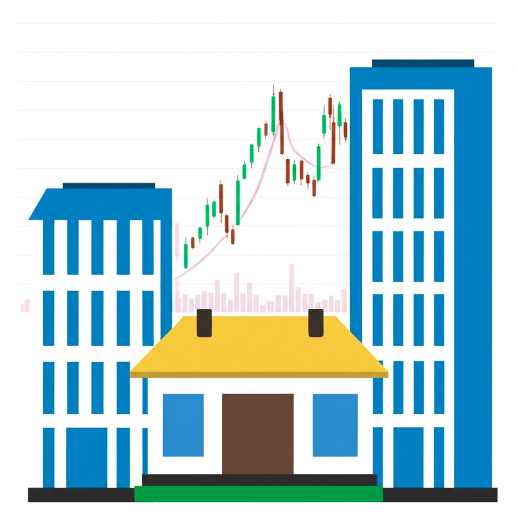 非上市公司小建築與上市殼公司大建築合併，背景為股票市場圖表，象徵繞過傳統IPO的間接上市過程