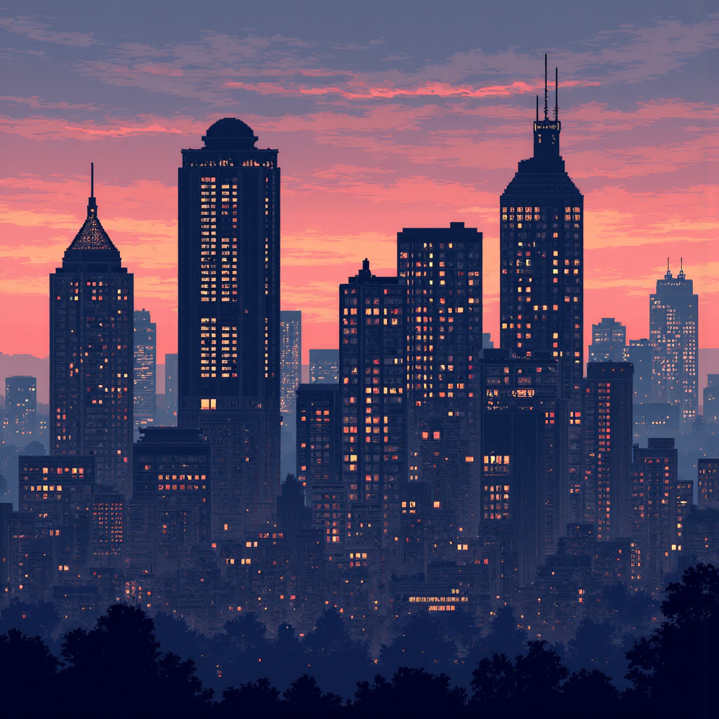 現代金融區天際線的像素藝術插圖，象徵投資銀行與資本市場