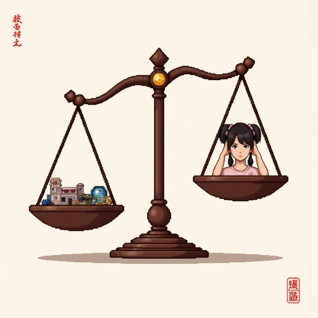 像素藝術風格的天平,一側有細微中文字符,另一側是Yuna的造型肖像,代表文章中語言與人物的雙重焦點