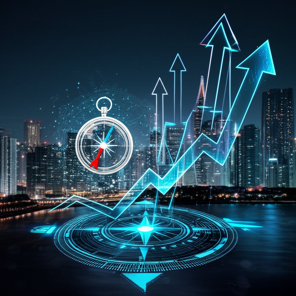 Nasdaq 100 指數示意圖：科技股風向球與未來城市景觀