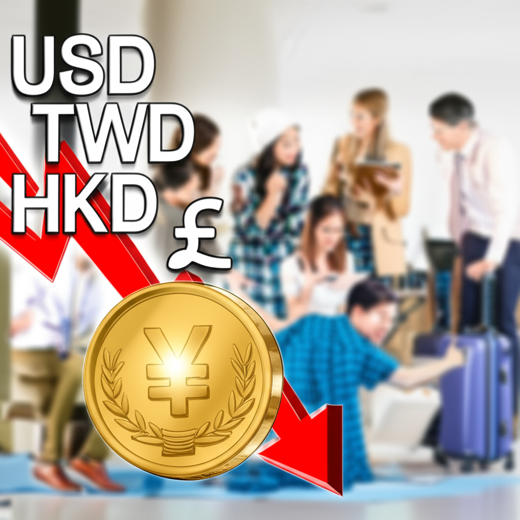 日圓貶值歷史低點插圖,顯示日圓幣值下跌並與美元、新台幣、港幣上升對比,背景為人們規劃旅遊與投資的熱鬧金融場景