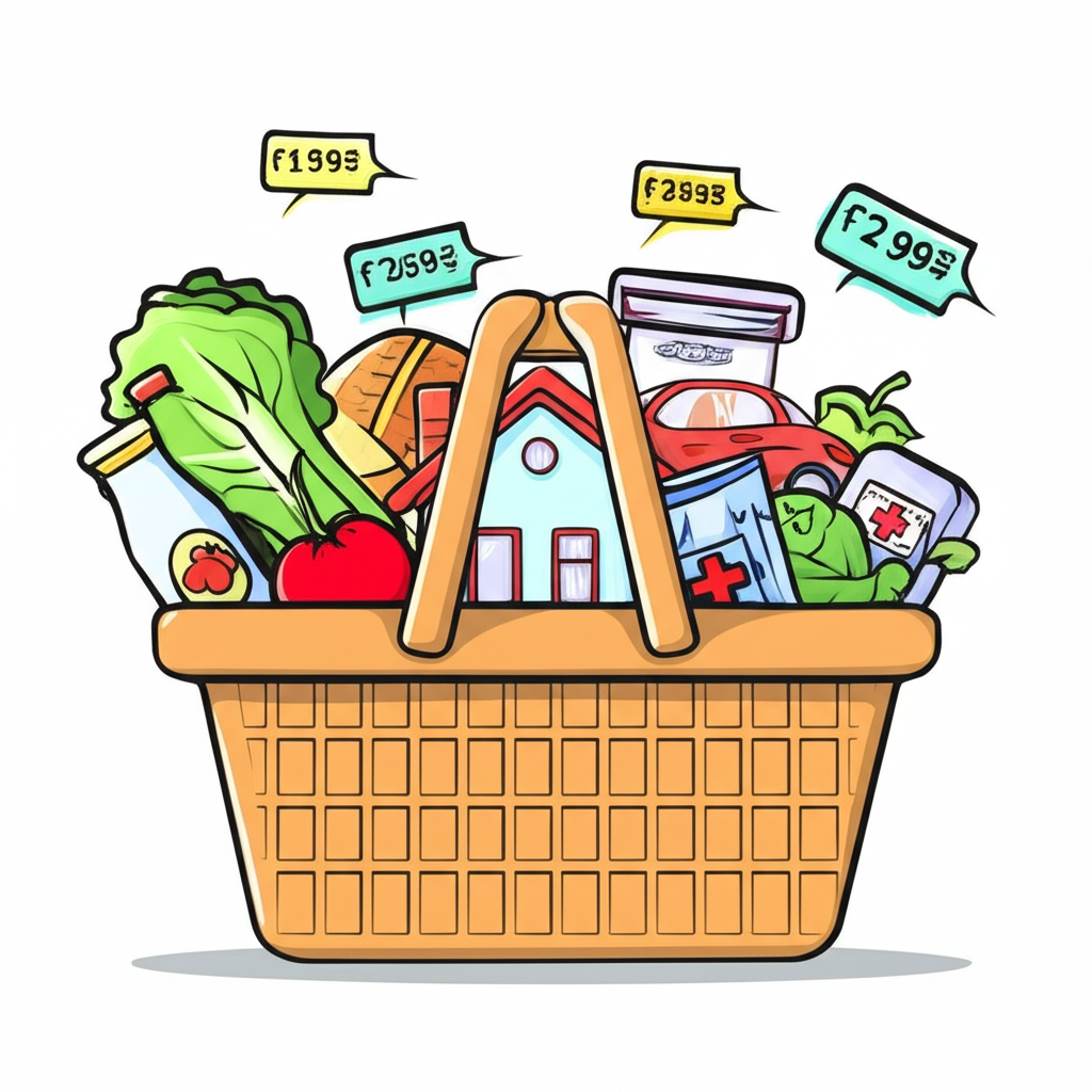 購物籃裝滿食品、房屋、汽車和醫療物品，價格上下波動，代表CPI定義及其對購買力的影響