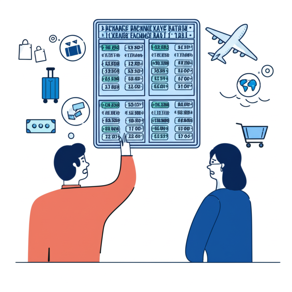 困惑的人看著複雜的銀行匯率板，周圍環繞旅行和購物圖標