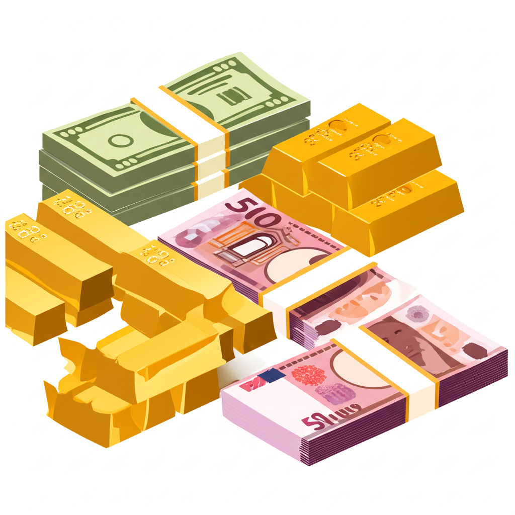 一幅展示多樣外匯資產的插圖,包括美元、歐元、日圓紙幣堆疊、金條及數位SDRs,象徵全球儲備組成