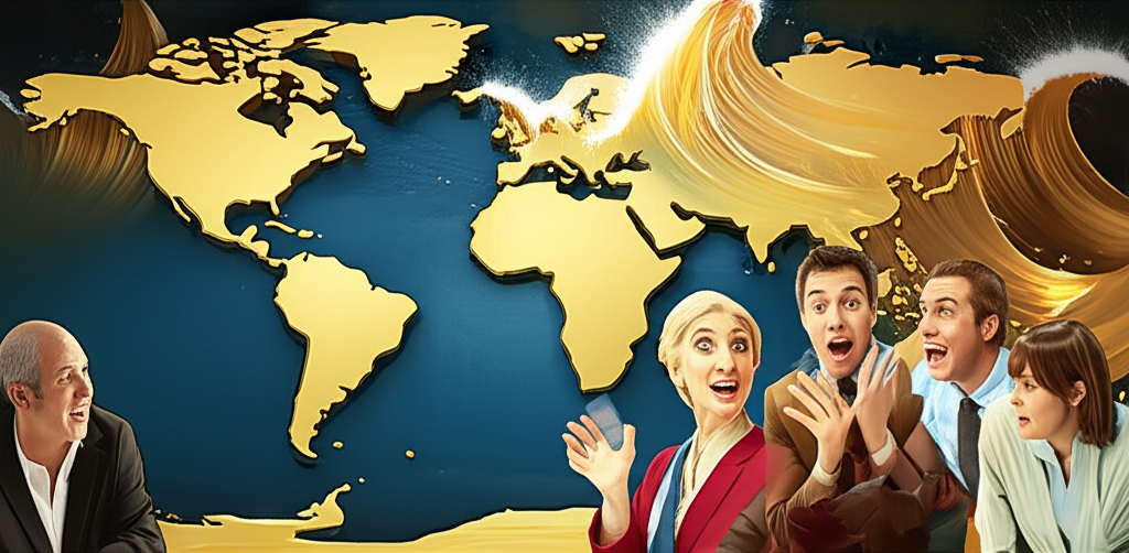 全球金價上漲浪潮席捲世界地圖，象徵經濟格局轉變與投資者興奮追逐