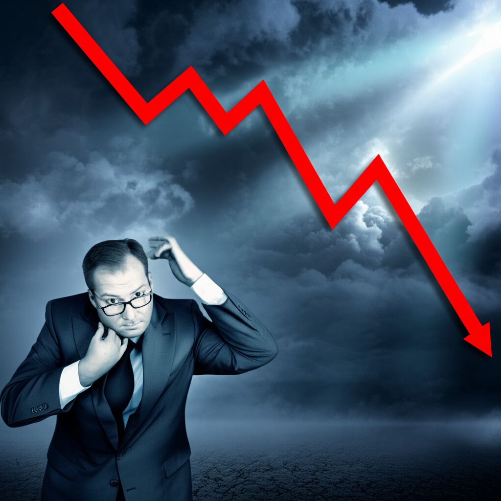 擔心的投資者站在下跌的股票走勢圖前,紅色箭頭向下,背景是風暴天空,遠處一絲光芒象徵危機中的機會