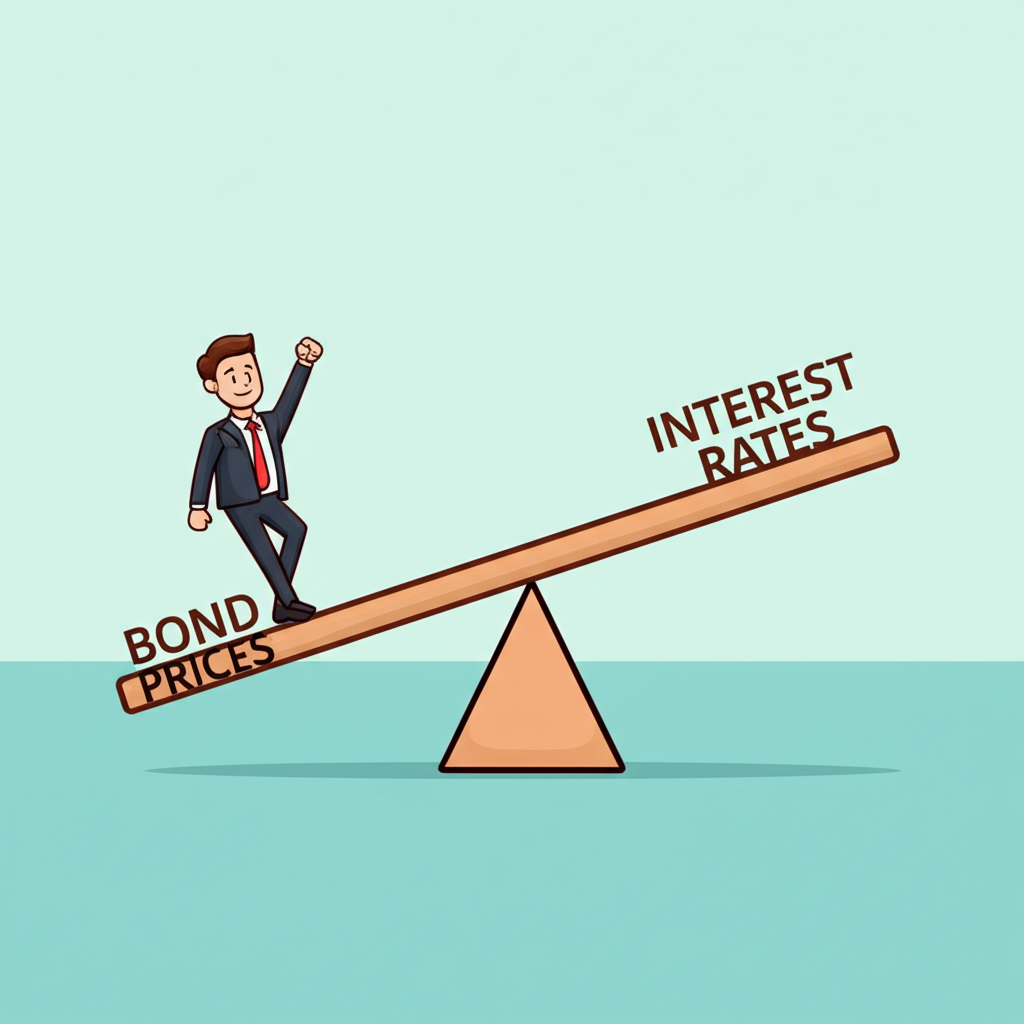 債券價格與利率反向關係的見鋸示意圖，央行調升利率導致價格下滑