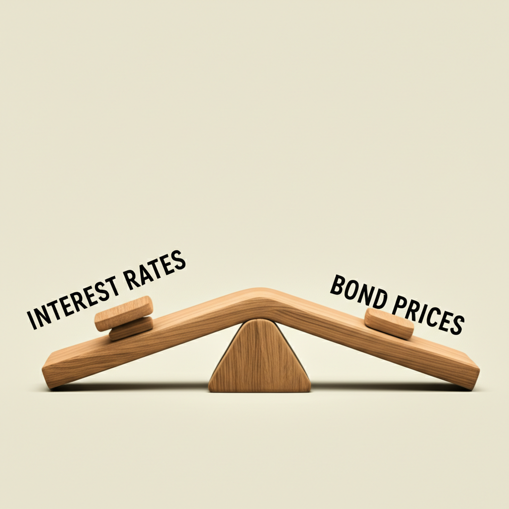 利率與債券價格反向關係的跷跷板示意圖